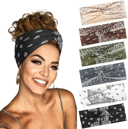 BELEVO 6 Pcs Bandeau Cheveux Femme, Antidérapant Bandeaux Mode Pour Femmes Sport Headband Elastique Cheveux Serre Tete Femme Adapté Yoga Fitness Exercice (Paisley)
