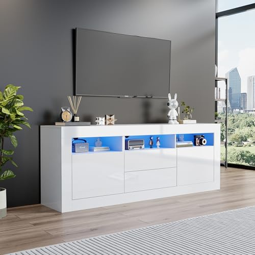 Mueble de TV de alto brillo de 160 x 35 x 60 cm con iluminación LED controlada por aplicación, 3 compartimentos abiertos, 2 cajones y empuje para abrir, ideal para televisores de 70 pulgadas, diseño
