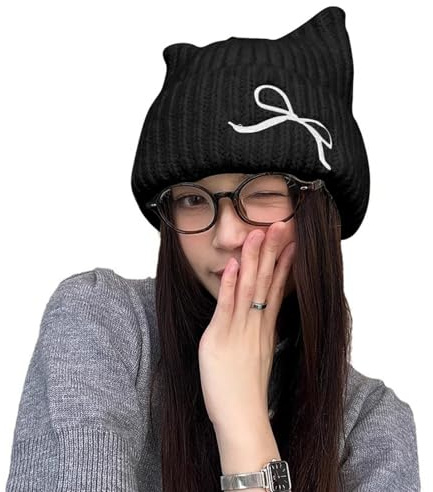 Generisch Damen-Wintermütze aus Strick mit Katzenohren und Schleife, warm, süß und vielseitig für Herbst- und Wintermode (Black, One Size)