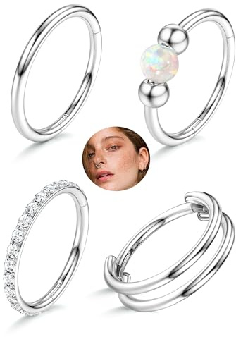 Morfetto 4Stück Nasenpiercing Ring Gold/Silber Hypoallergen - 316L Chirurgenstahl Segmentring Septum Piercing Nase Clicker Nasenring Knorpel Daith Rook Tragus Conch Helix Piercing Ring Silber 16G-6MM