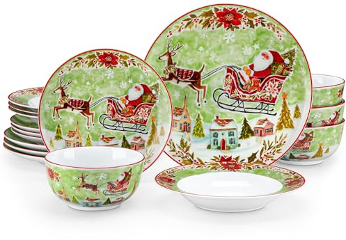 VEWEET Serie XMAS - Set 16 Pezzi Stoviglie Natalizie in Porcellana per 4 Persone, Servizio da Tavola con Piatti Fondi/Piani, Ciotole per Cereali e Piatti da Dessert, Lavabili in Lavastoviglie