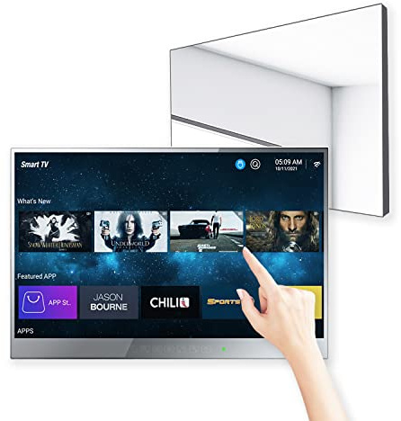22 Inch Smart Mirror TV, IP65 Waterproof LED TV for Bathrooms and Hotels | 1080P Full HD Android 14 Smart TV with Touchscreen & TouchKeys, Bluetooth, Wi-Fi, Built-in Speakers, Wall Mount or Recessed