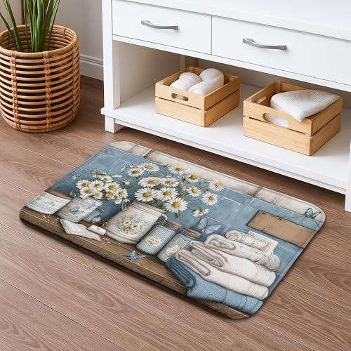 Alfombra de baño floral de secado rápido, diseño de crisantemo azul clásico, absorbente, antideslizante, alfombra de ducha decorativa de primavera, alfombra de baño lavable para baño, inodoro, 20 x 32