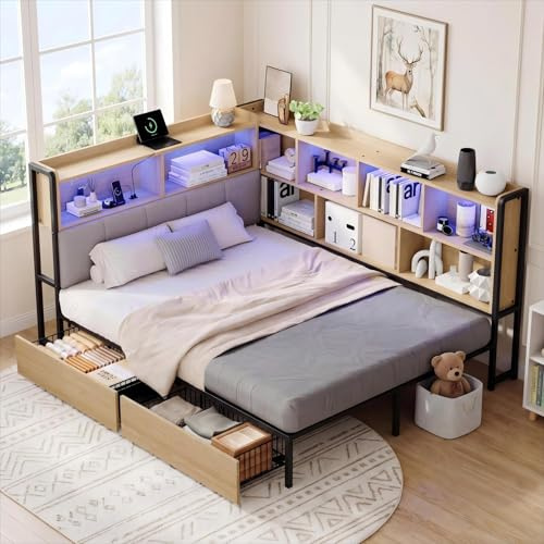 Xwiny Tagesbett 140x200 cm mit LED-Beleuchtung und Stauraum, Polsterbett mit USB und Typec-Ladestation, Stauraumbett mit Offene Regale und 2 Schubladen(Ohne Matratze)