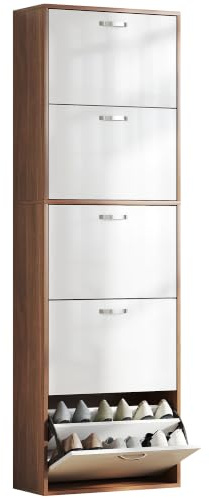 Armoire Armoire à chaussures Design 5 Portes Bicolore Blanc Marron Foncé | Meuble à Chaussures, Contemporain, Abattantes, Imitation Bois