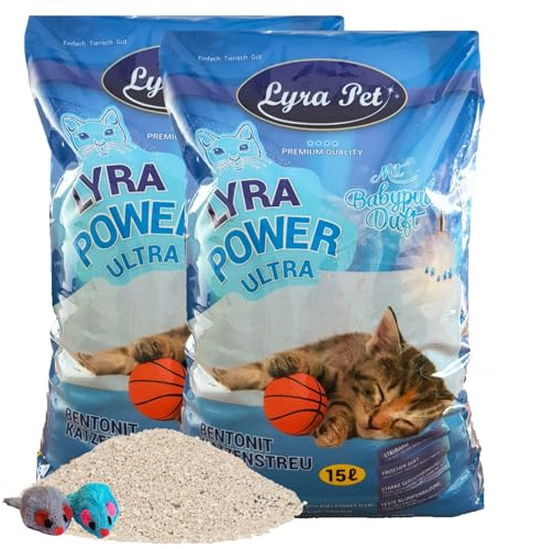 Lyra Pet® 30 Liter Lyra Power Ultra Excellent Bentonit Katzenstreu +2 Mäuse | Mit Babypuder Duft - Klumpstreu - 350 % Saugkraft - Naturprodukt - Stark Klumpend - Saubere Wohnung - Neutralisiert Gerüche
