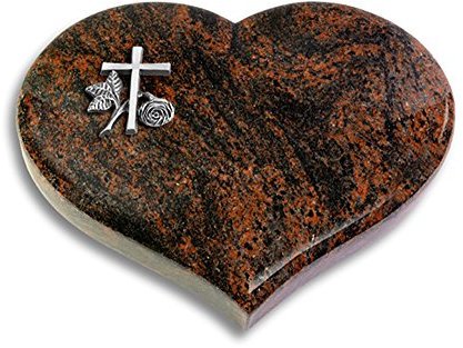 Grabplatte, Grabstein, Grabherz, Urnengrabstein Modell Coeur 40 x 30 x 7 cm Aruba-Granit, poliert inkl. Gravur (Aluminium-Ornament Kreuz 1)