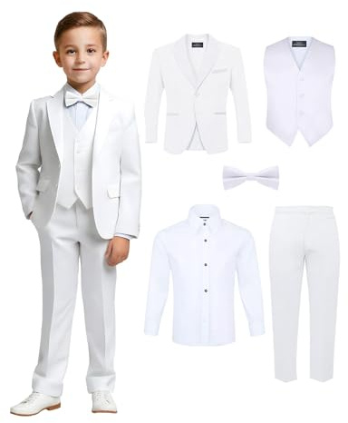 Boys 5 Piece Tuxedo Set with Jacket, Pants, Vest, Shirt & Tie - White, 12