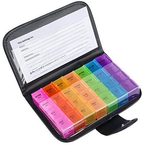 Caja de Pastillas 7 días 28 Compartimentos Pastillero Organizador Semanal Multicolor Dispensador de Medicamentos con Estuche de Cuero para Vitaminas Diarias Suplementos y Medicación