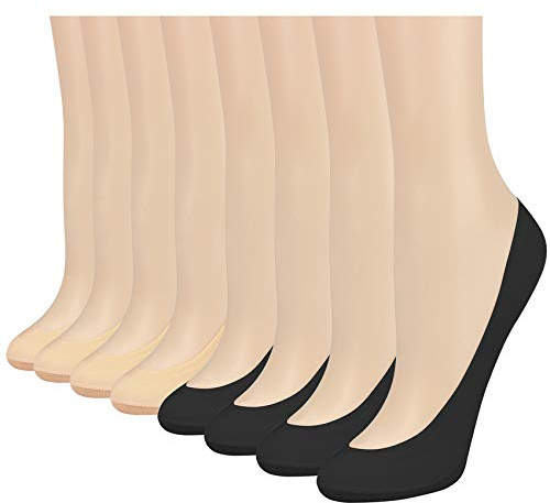 Double Couple 8 Pairs No Show Socks - Women's Low Cut, Non Slip, Thin Liner Socks (4 Black & 4 Nude)