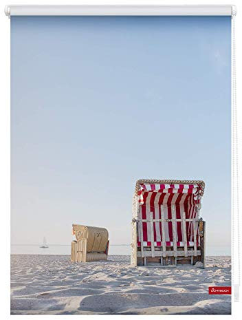 Lichtblick Klemmfix Tageslicht-Rollo mit Motiv, ohne Bohren, Blickdicht, Seitenzugrollo, Made in Germany, Strandkorb gestreift - Blau Beige 120 cm x 150 cm (B x L)