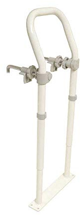 NRS Swedish Bath Rail White, Height Adjustable assists to get in & out of bath. Fixes to bath with rubber-lined clamps & base plate attaches to floor. Handle adjusts 62.5- 83cm (24.5 - 32.5). White