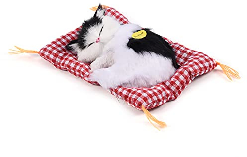 Simulation de Sommeil en Peluche Chat avec Son Doux Tapis de Couchage en Peluche Chat poupée décoration de la Maison Populaire pour Enfants en Bas âge(Noir + Blanc)