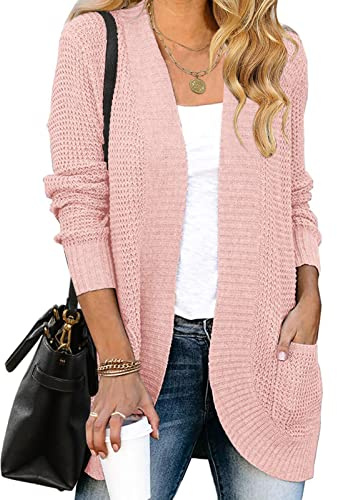 MEROKEETY Womens Long Sleeve Cardigan Sweaters Fall Winter Chunky Cozy Knit Draped Open Front Outwear Outfits, Pink, XXL