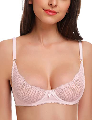 WingsLove Sexy Bra Sheer Wired See Through Soft 1/2 Half Demi Cup Unlined Bralette Lace Mesh Pink