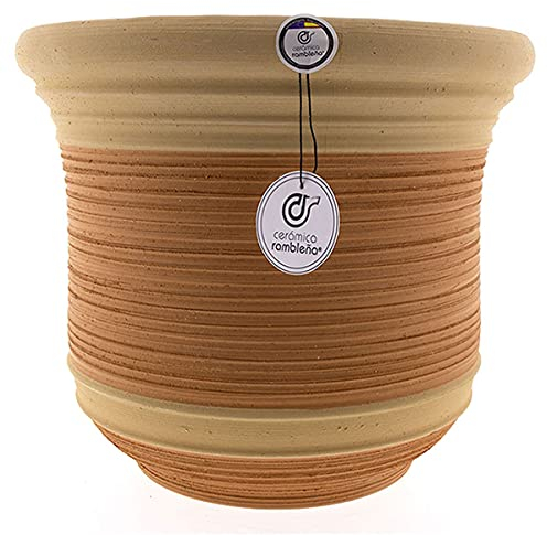 CERÁMICA RAMBLEÑA | Maceta Grande | Maceta Original | Maceta Exterior | Maceta Suelo Campana Baja Rústica-Rayada - Modelo J29 | 33x33x28.5 cm