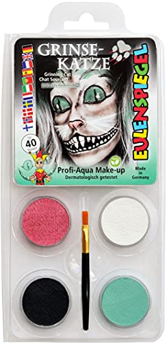 Eulenspiegel 205150 - Motiv-Set Grinsekatze, 4 x 5 g wasserlösliche Schminkfarbe, 1 Pinsel, 1 Anleitung, für circa 40 Masken