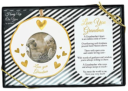 Pavilion - 4 Gold White Ornament Round 2.36 Photo Holder with Keepsake Card - Love You Grandma - Gift Ready Packaged Set