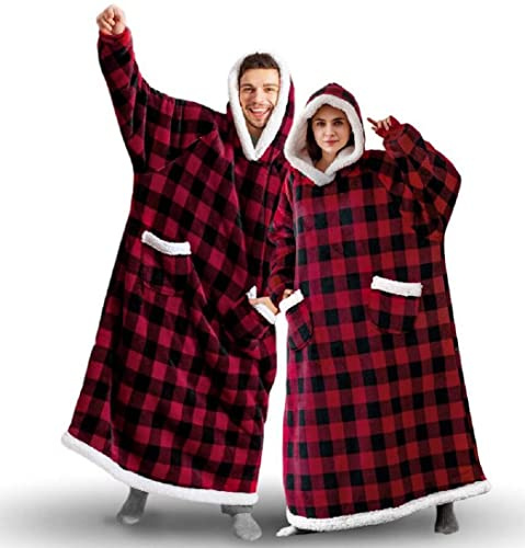Oversized Decke Hoodie Sweatshirt,Tragbare Decken,Kuscheldecke mit Ärmeln | Rot Kariter,Flauschige Flanell TV-Decke mit Ärmel,Sherpa Kapuzenpullover Damen\Herren,ÖKO-TEX Zertifiziert,Ganzkörperdecke