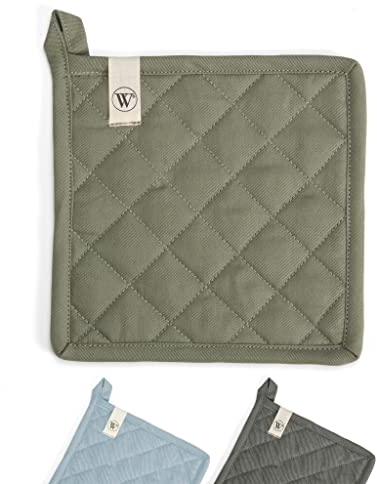 Walra Topflappen Set Cook and Trial - Topflappen mit Aufhänger - Für heiße Pfannen Geeignet - Stilvolle Rautenstruktur - Satz von 2 Stück - 100% Baumwolle - 20x20cm - Armeegrün