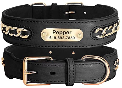 Didog Hundehalsband aus echtem Leder, geflochtenes Leder, personalisiert mit graviertem breitem Namensschild, verstellbare und langlebige Hundehalsbänder für kleine, mittelgroße Hunde, schwarz, S