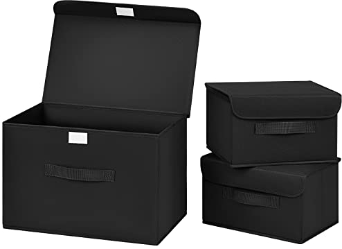 DIMJ Scatole di Immagazzinaggio Tessuto 3 Pezzi, Pieghevoli Scatole Contenitori per Armadio, Cesti per la Conservazione con Coperchi per Vestiti, Guardaroba, Scaffali, Nero