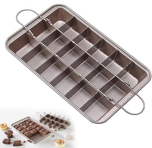 Brownie Pan with Dividers - 12.4 x 8 Non-Stick Carbon Steel Brownie Baking Pan with Built-in Slicer, Makes 18 Pre-cut Crispy Edge Brownies, Champagne Gold Bakeware for Fudges, Cakes & Pizzas