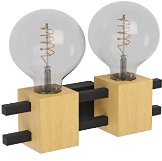 EGLO Wandleuchte innen Levantara, Wandlampe 2-flammig für Flur und Wohnzimmer, FSC100HB, Wandbeleuchtung aus Metall in Schwarz und Holz in Natur, Wand-Lampe mit E27 Fassung