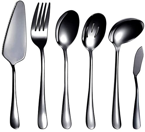 Josenidny Juego de cubiertos para servir de 6 piezas, juego de utensilios para servir, incluye servidor de pasteles, cuchara ranurada para servir, color negro
