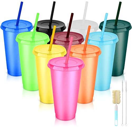 NUZEKY Reusable Plastic Cups with Straws & Lids - 10Pcs 24oz Cold Iced Coffee Drinking Cup Colorful Straw Tumblers Bulk - Cute Durable Travel Party Cup for Adults (498VVSYJ19PUQTF)