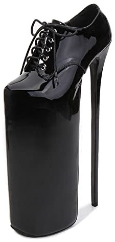 WOkismD 30 cm Damen High Heels Plattform Super High Heels Schnürung Stiletto Pumps Lackleder Sexy Pole Dance Striptease Party Prom Club Kleid Schuh,Schwarz,44
