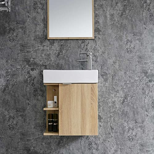 Home36 Bademöbel Set Spring - Inklusive Waschbecken und Spiegel - 50 x 60 x 24 cm, Badmöbel Set, Waschbecken mit Unterschrank, Keramik Waschtisch, Badezimmerschrank, Badschrank Set (1. Natur)
