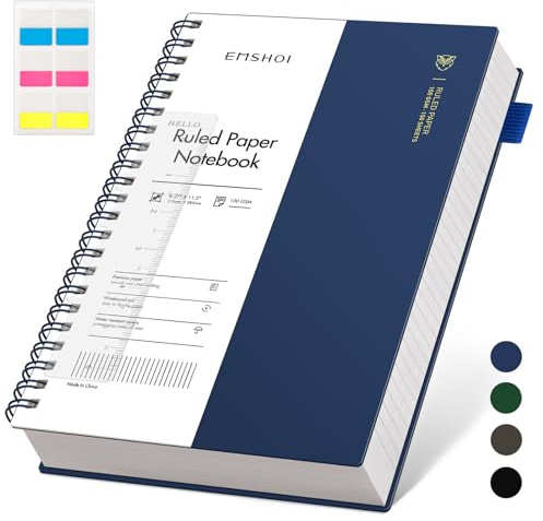 EMSHOI A4 Notebook College Ruled, Spiral Notepad 150 Sheets/300 Pages, 100gsm, PVC Cover, Sticky Notes, Pocket, Pen Loop, Ruler, Bookmark, Lined Journal for Women Men Writing, 21.5x27.9cm, Blue
