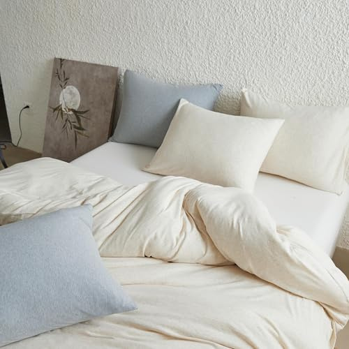 Simple&Opulence 100% Jersey Knit Cotton Duvet Duvet Cover Set -Ultra Soft Duvet Cover Queen Size-1 Comforter Cover and 2 Pillowcases (Beige, 88X92)