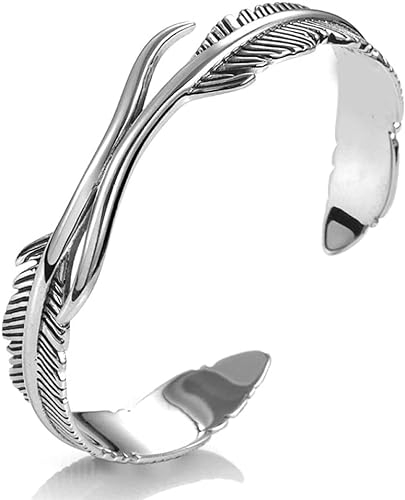 DOMELA Silber-Armreif, Damen 925 Silber Armband verstellbar Boho Feder Manschette Armreif Hand geschnitzt Feder Armbänder Geburtstagsgeschenke for Schwestern Freund Paare Mutter