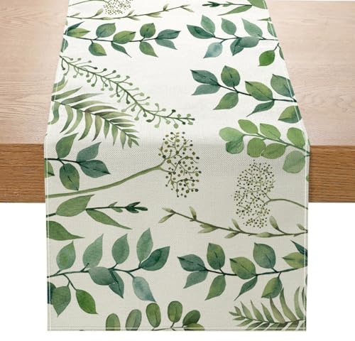 LOZULO Grün Eukalyptus Frühling Leinenoptik Tischläufer | Abwaschbar Tischläufer Esstisch Tisch Dekoration für Hochzeiten Outdoor Drinnen Urlaub Party Dekor 40 x 140 cm
