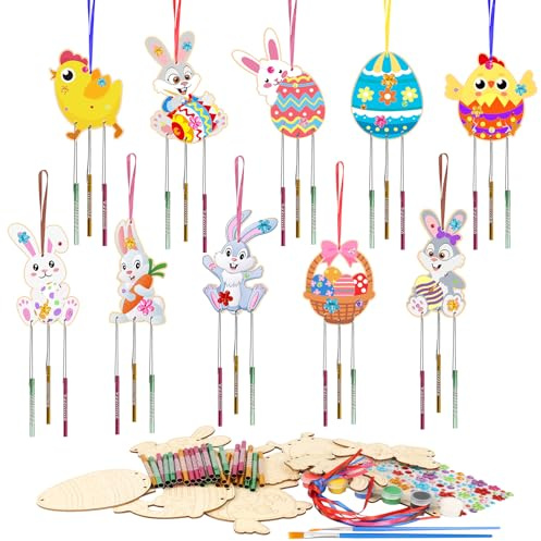 HONMOK 10 Pack Easter Painting Craft for Kids, Wooden Eggs Bunny Rabbit Chicks Baskets Wind Chime Kit, Easter Arts and Crafts, Easter Craft Decorations for Children Easter Activities