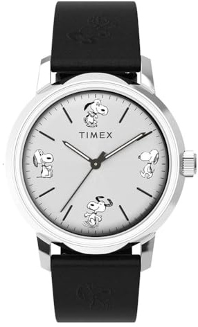 Timex Peanuts Automatic Herren-Armbanduhr, 40 mm, schwarzes, zweiteiliges Lederarmband mit Schnellverschluss, silberfarbenes Zifferblatt, Edelstahlgehäuse TW2W54000