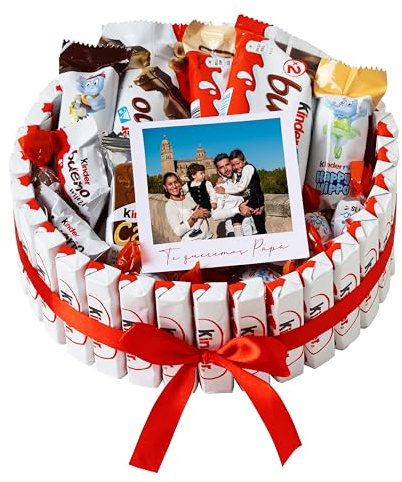 Onza Cesta Día del Padre de Chocolates y Bombones Kinder - Regalo original dia del Padre Hombre - Personalizado con foto - Tarta Kinder Bueno Pack, Happy Hippo, Chocobons, Cards