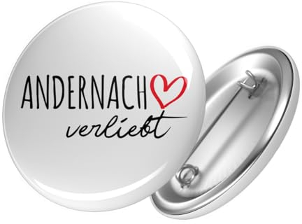 Huuraa Button Andernach verliebt Ansteckbutton Größe 25mm mit Namen deiner Lieblingsstadt in Rheinland-Pfalz Geschenk Idee für Freunde und Familie