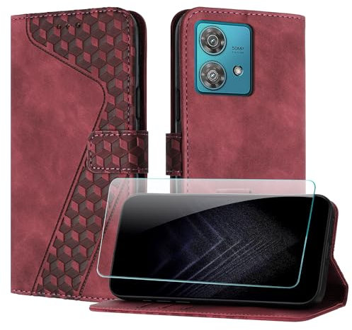 JayModCase Funda para Motorola Moto Edge 40 Neo, PU Piel Flip Carcasa con [Moto Edge 40 Neo Protector de Pantalla] Cierre magnético Soporte Plegable Tarjetas y Cartera (Rojo)