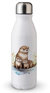 MAXIKIWI - Single Wall Water Drinking Bottle with Screw Cap, Non Insulated Lightweight Aluminium, BPA Free, Leak-Proof - Watercolor Mom Baby Otter - 500ml