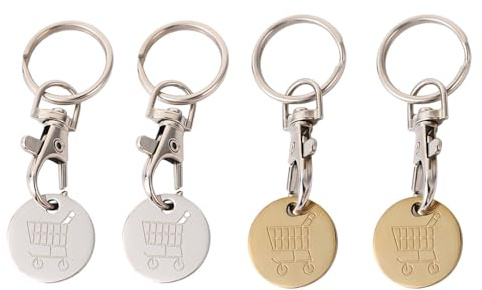 PSFXBM 4 Pcs Trolley Token, Shopping Cart Keychain, Stainless Steel Coin Keyring, Trolley Tokens For Supermarket, Cart Trolley Key, Removable Shopping Keychain (Steel/Gold)