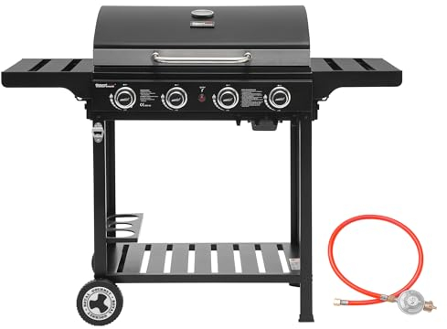 Royal Gourmet 4 Brenner Gas Grillwagen, 12 kW BBQ-Gasgrill mit Seitenablagen und Flascheregal, Campinggrill für Outdoor Garten Party Schwarz