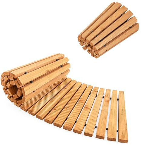 GOPLUS Gartenweg aus Tannenholz, gebogener Rollweg mit Rutschfester Oberfläche & Metalldraht, Holzweg Garten, ausrollbarer Gartentritt für Terrasse Hinterhof & Rasen (53 x 216 cm)