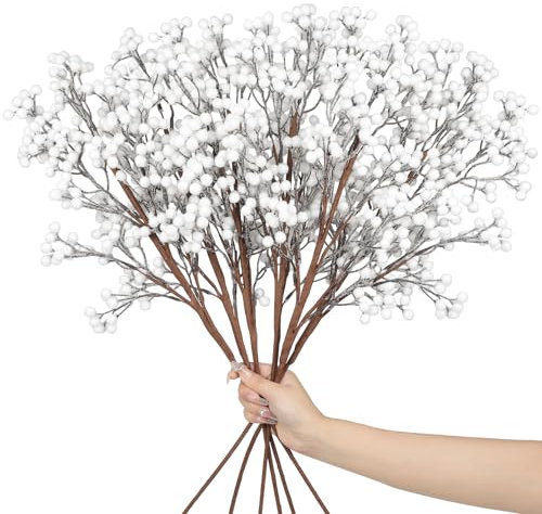 Wlicon Beerenzweige Pack von 6, 73.5 cm künstliche weiße Beere Stämme Weihnachtsbaum Dekor Schnee Frosted Holly Beere Stiel für Blumenarrangements Weihnachtsbaum Holiday Home DIY Handwerk Dekor