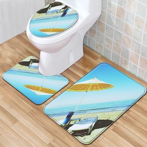 Bad Teppiche Set 3-Teiliges Blau Gelb WC Vorleger Mit Ausschnitt Badematte Saugfähig WC Deckelbezug Badvorleger rutschfest Waschbar Toilettensitzbezug Badgarnitur (50x80cm)