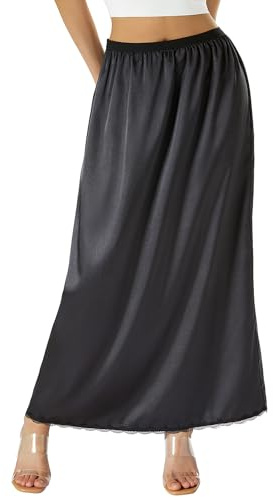 Women Vintage Half Slips 90s Long Soft Cotton Petticoats for Under Dress Elegant Slip Skirt Party Undreskirt (A-Black, M)