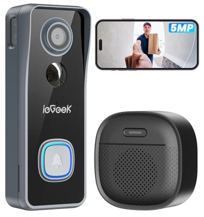 ieGeek Doorbell Camera Wireless No Subscription, 5MP Ultra Clear View Night Vision, PIR Motion Detection, Video Doorbell with Indoor Chime, Local Storage 2-Way Audio, Only 2.4Ghz WiFi, Work with Alexa