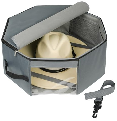 Bamneat Hat Box for Travel & Home Closet Storage, Side Reinforced Octagonal Case, Crush-proof, Dust-proof for Cowboy, Panama & Fedora Hats, Grey